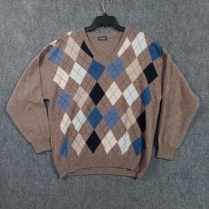 Heritage Sweater Mens Large Brown Blue Argyle 100% Wool Made Italy Pullover Knit